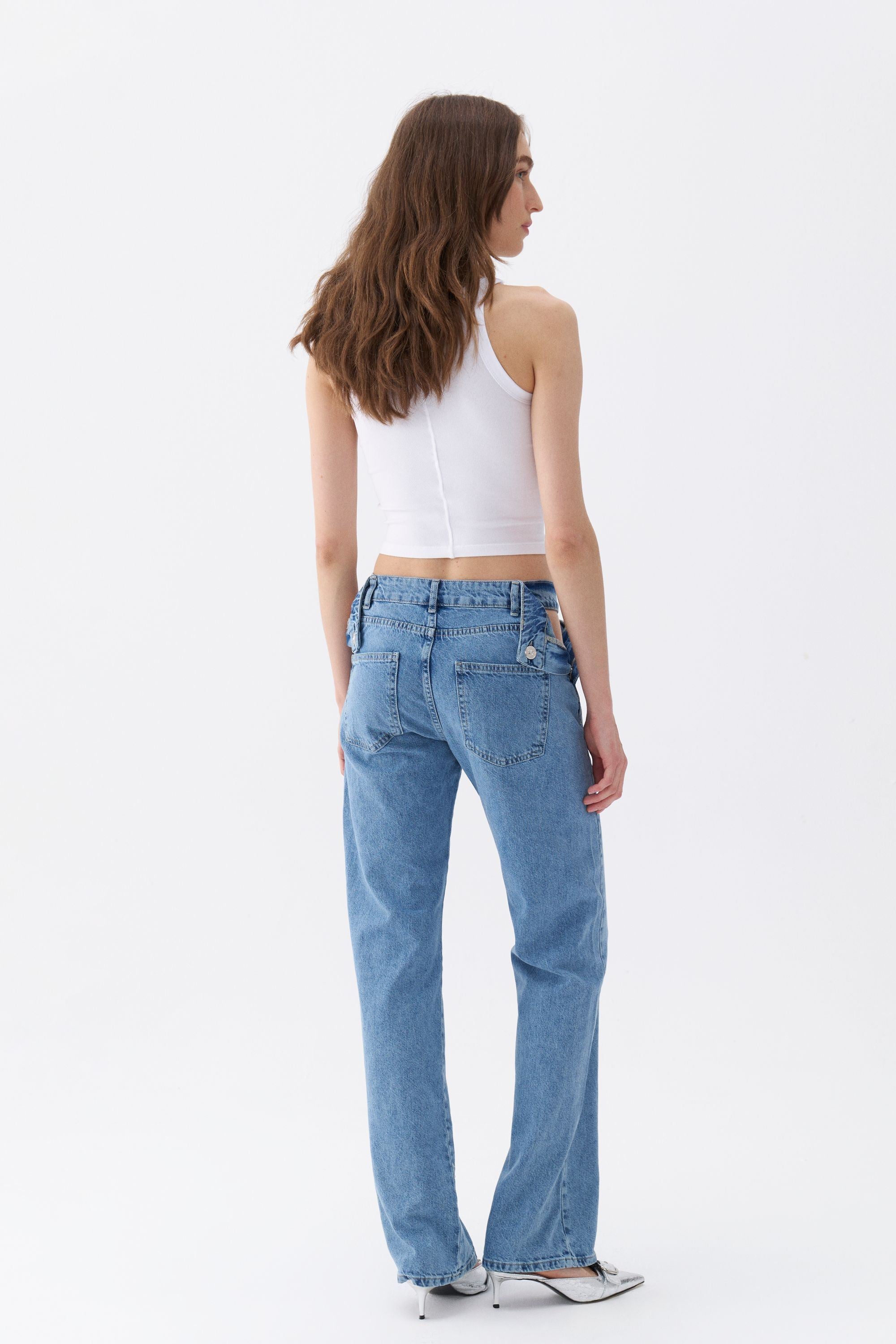 Cut-Out Detailed High Waist Jeans