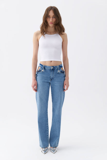 Cut-Out Detailed High Waist Jeans