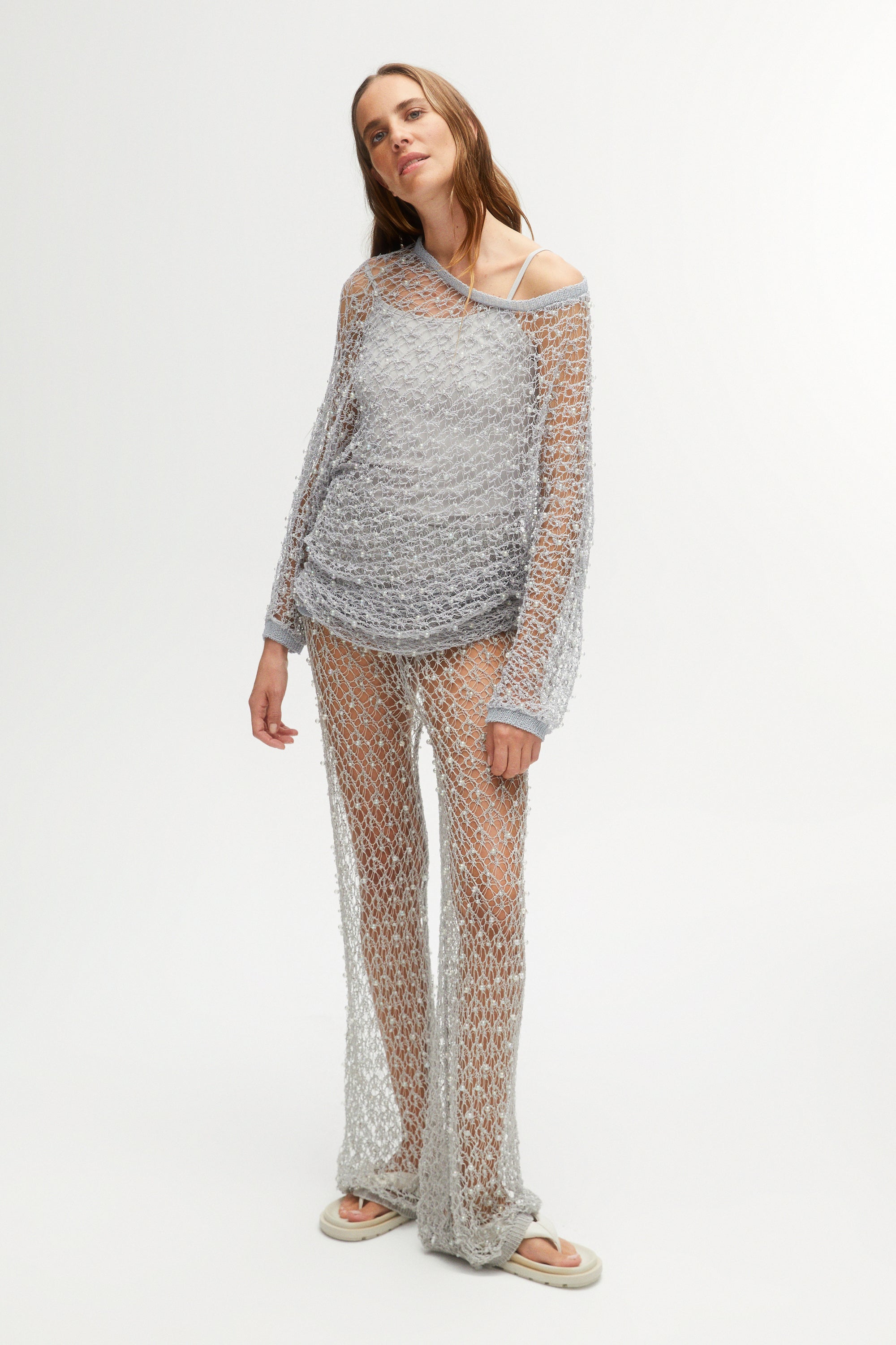 Shimmering Threaded Mesh Pants