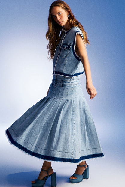 Pleated Long Denim Skirt