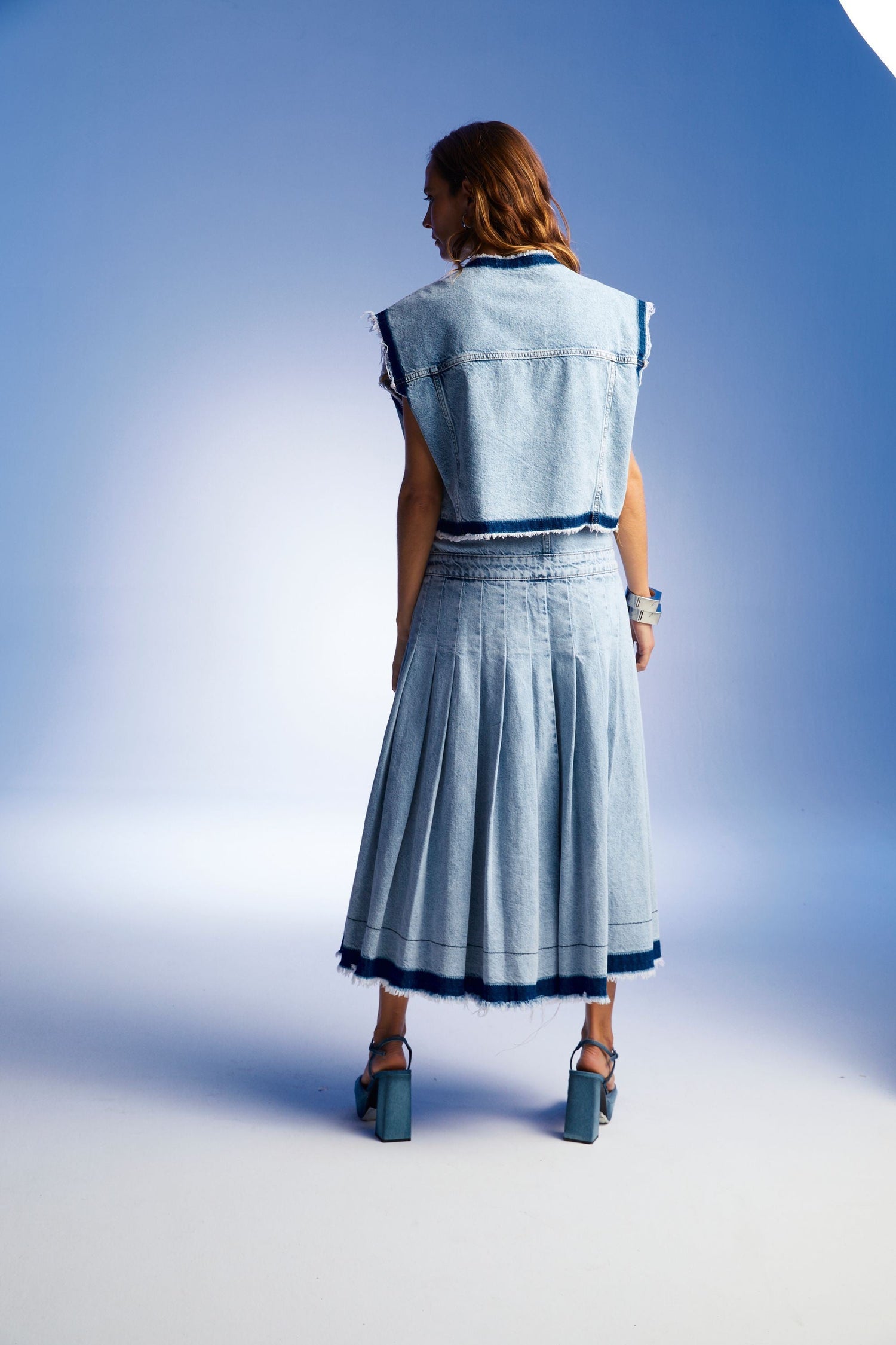 Pleated Long Denim Skirt