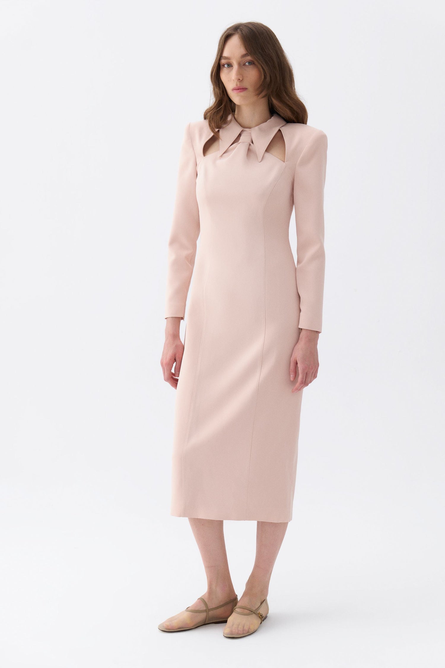 Tie Neck Midi Dress with Shoulder Pad