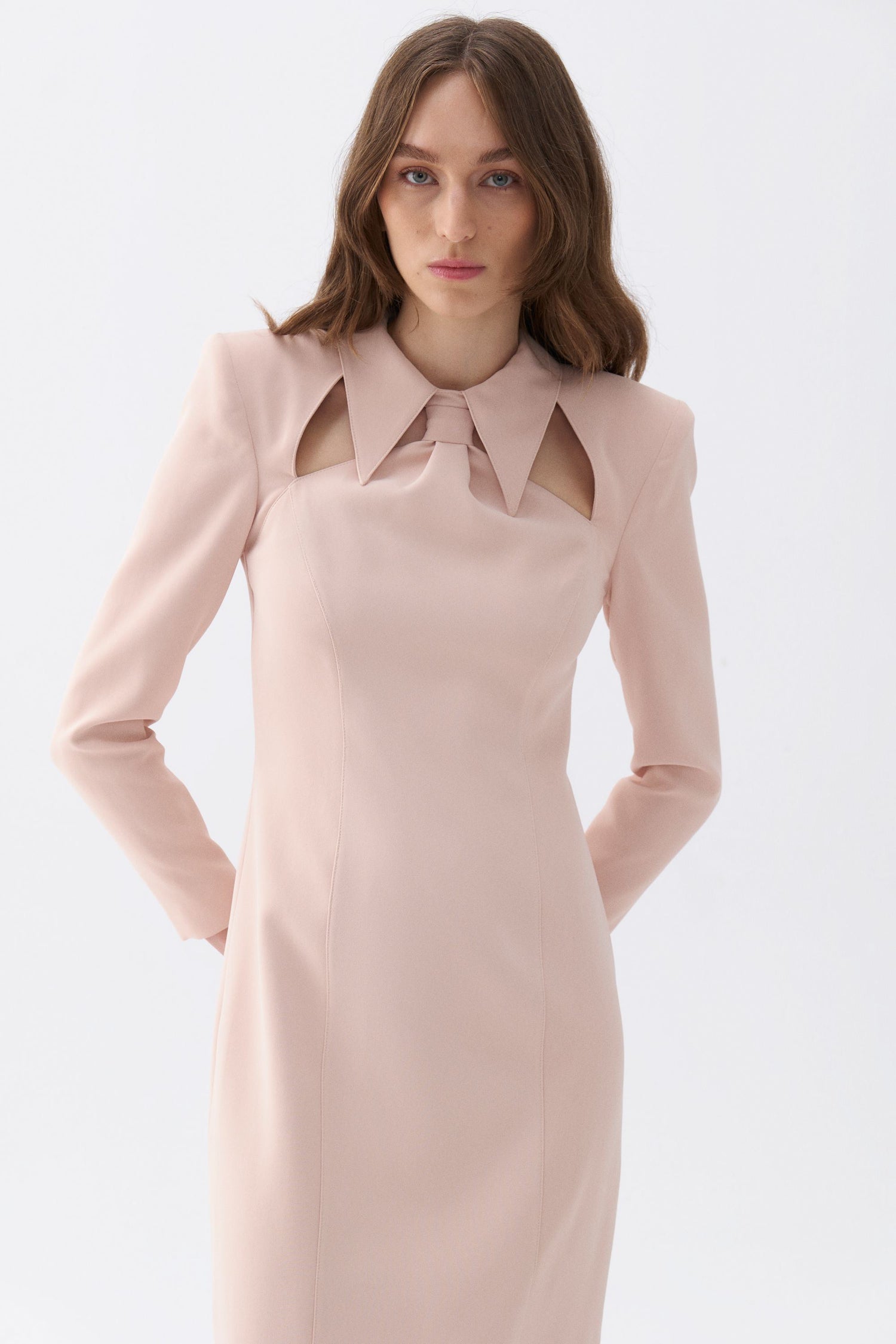 Tie Neck Midi Dress with Shoulder Pad