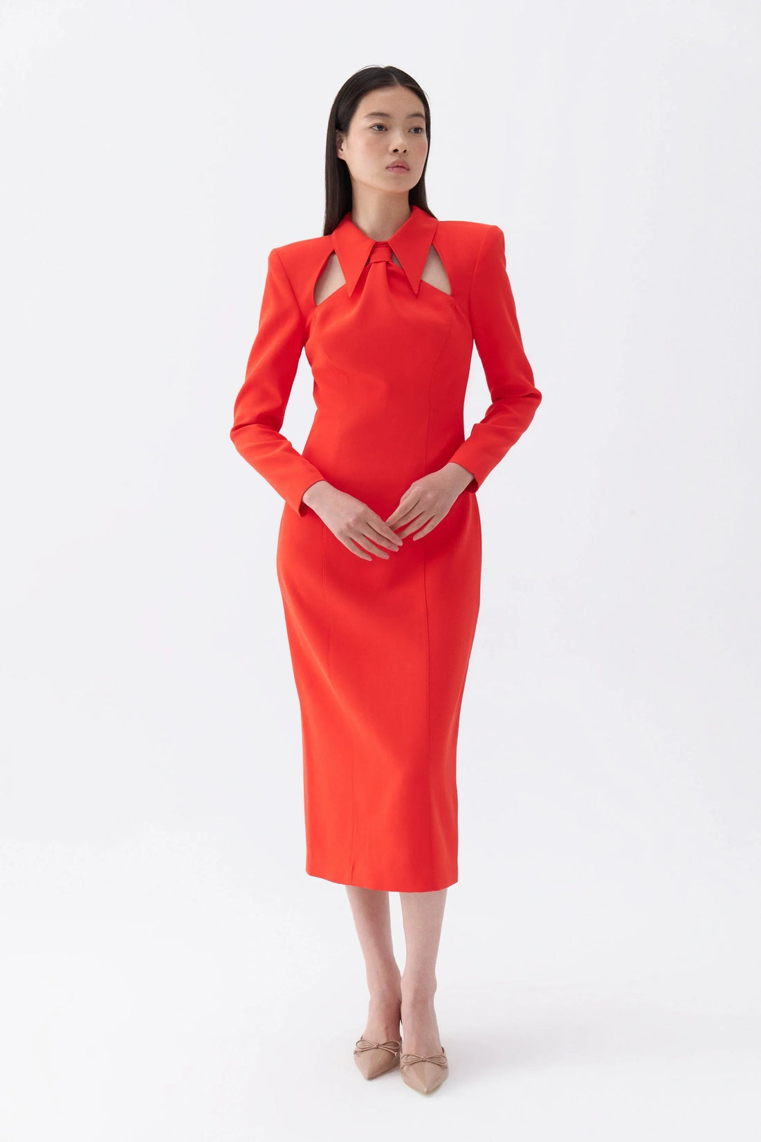 Tie Neck Midi Dress with Shoulder Pad