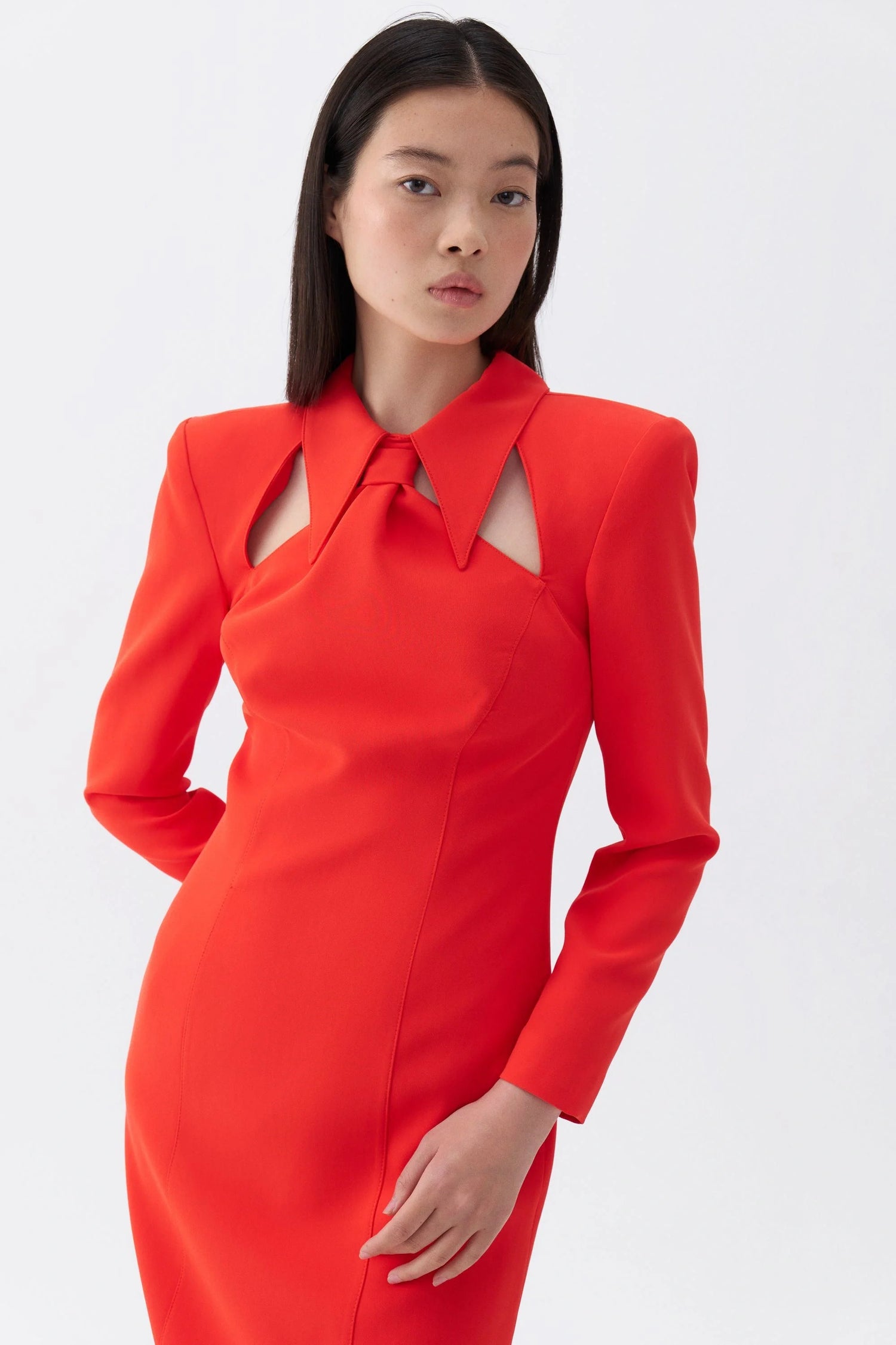 Tie Neck Midi Dress with Shoulder Pad