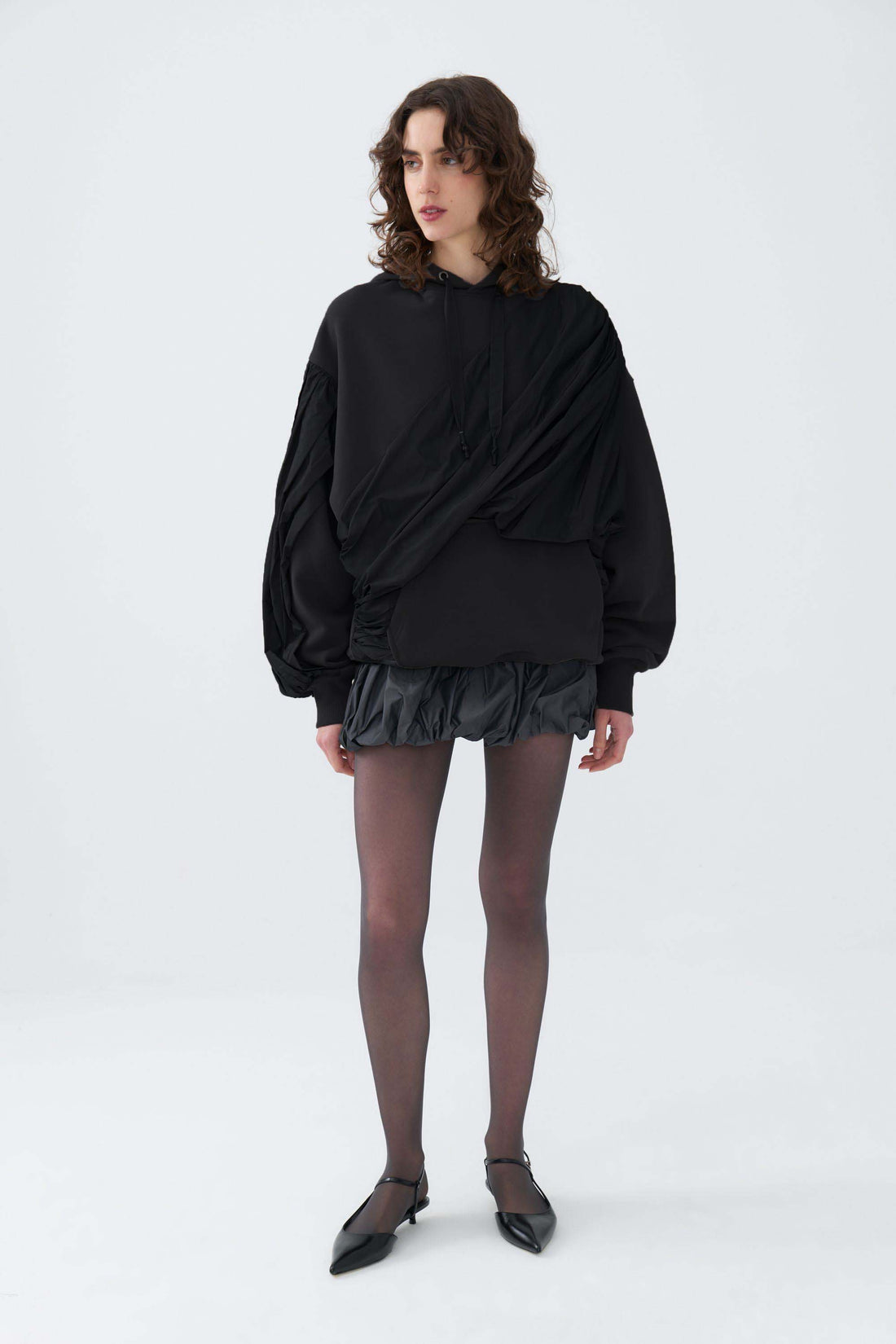 Hooded Sweatshirt with Taffeta Drape Detail