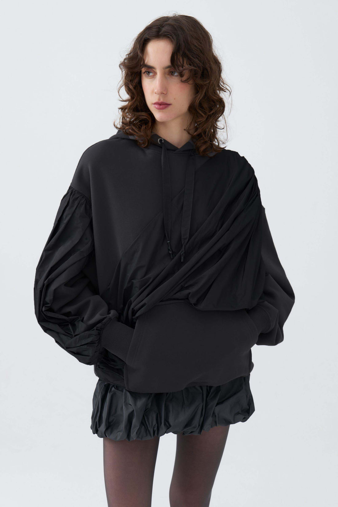 Hooded Sweatshirt with Taffeta Drape Detail