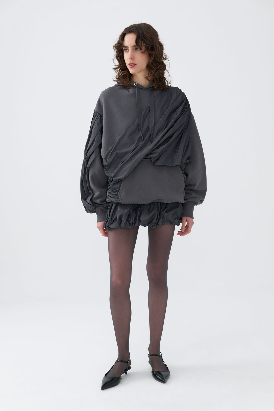 Hooded Sweatshirt with Taffeta Drape Detail