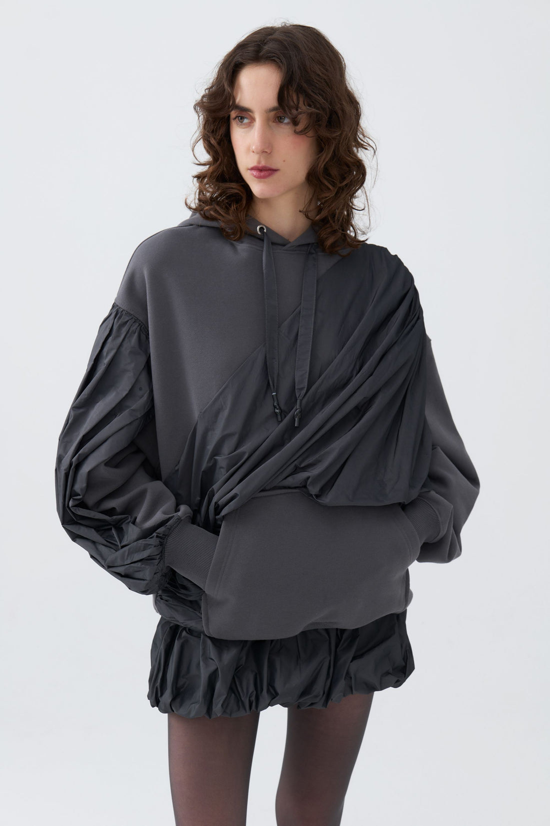 Hooded Sweatshirt with Taffeta Drape Detail