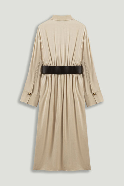 Belted Draped Shirt-Collar Maxi Dress