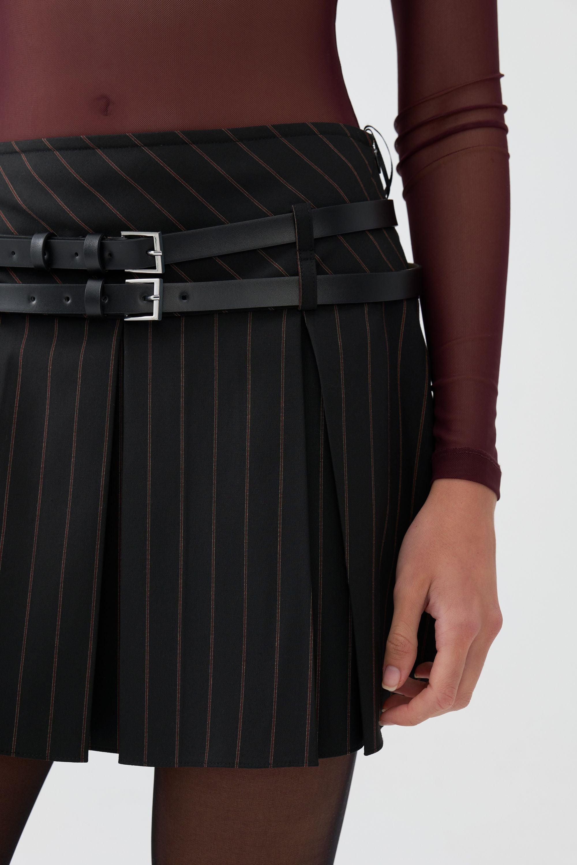 Double Belted Pleated Mini Skirt