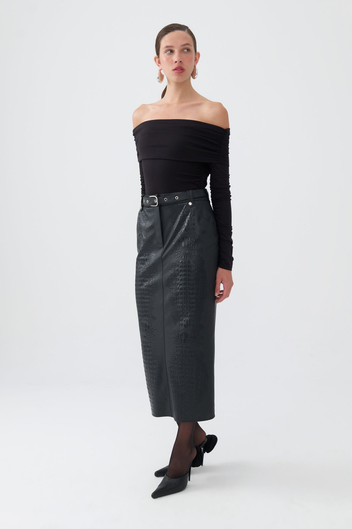 Faux Leather Midi Skirt with Belt