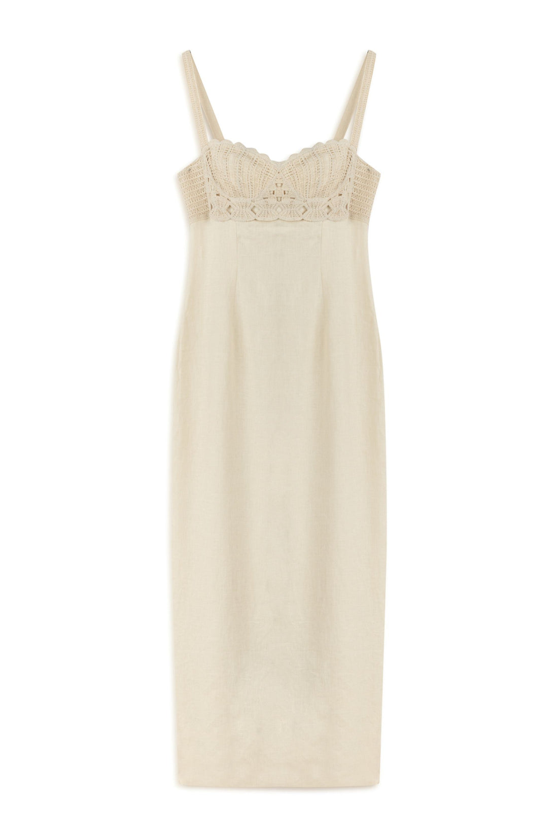 Ecru Linen Brode Detailed Sweetheart Maxi Dress