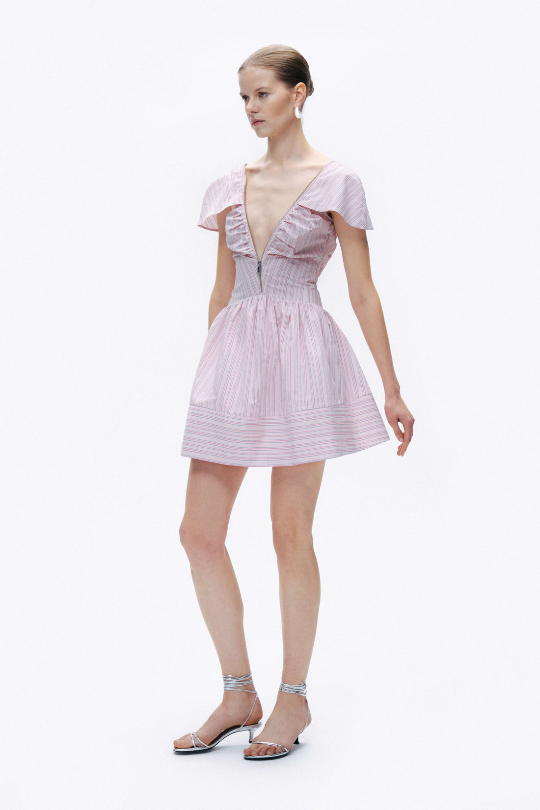Pink Striped Mini Dress with Zipper Detail