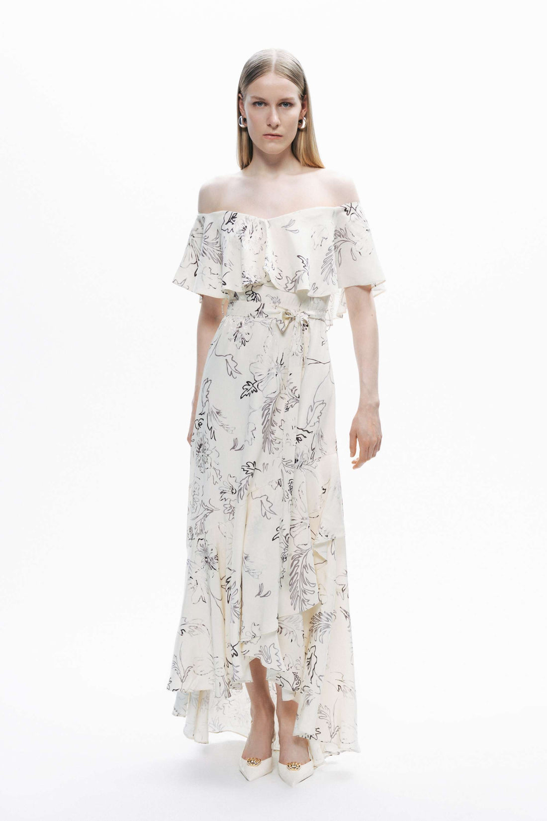 Ecru Floral Patterned Midi Dress with Sash Tie