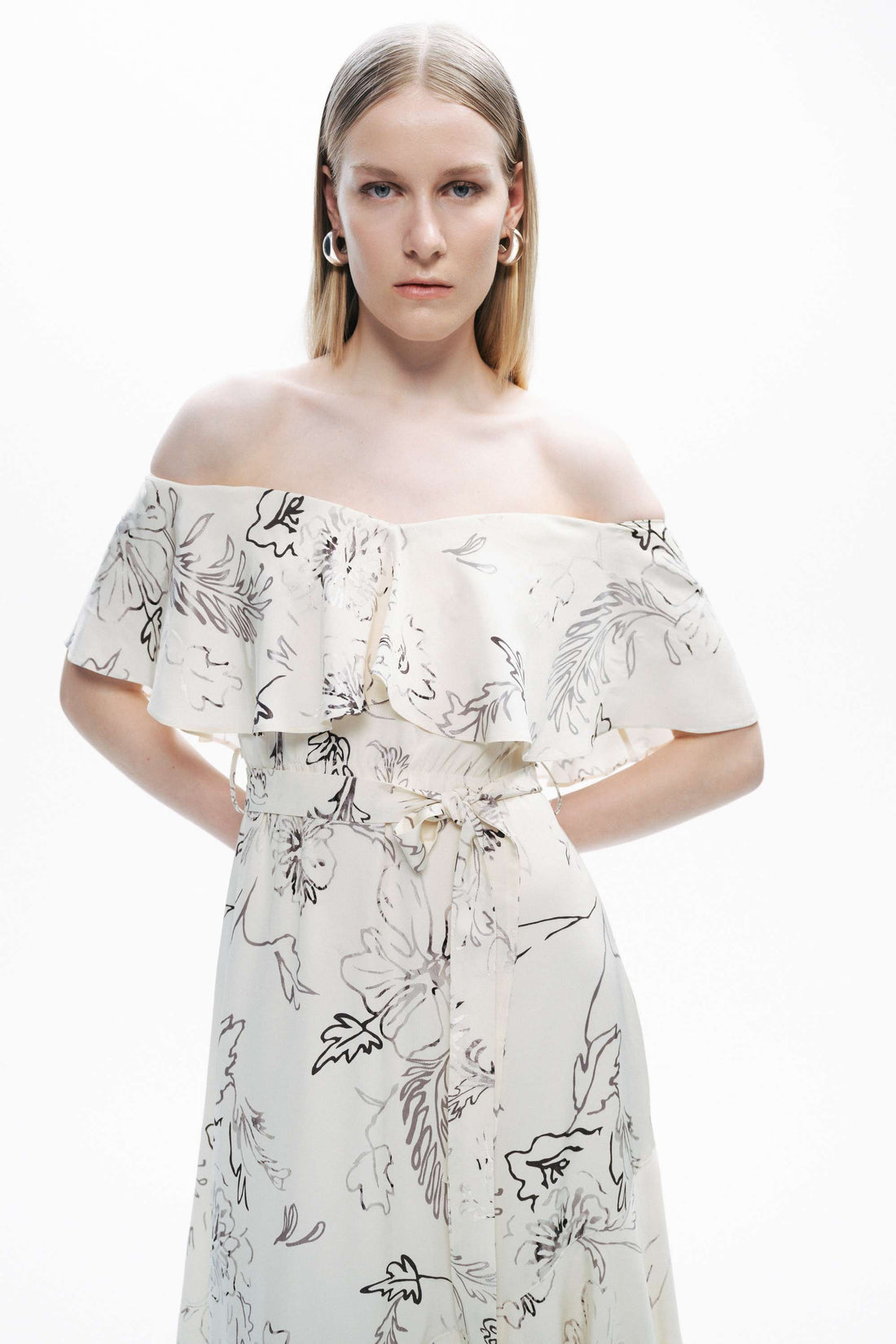 Ecru Floral Patterned Midi Dress with Sash Tie