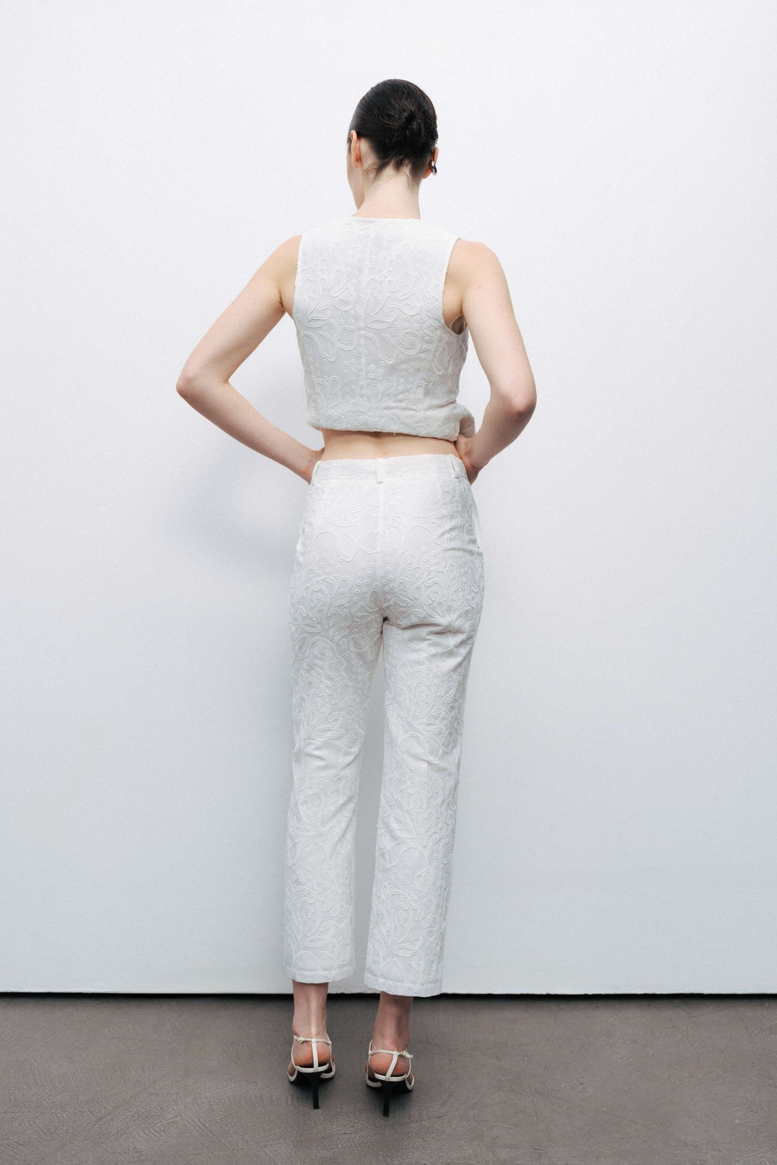 Ecru Embroidered Bootcut Pants