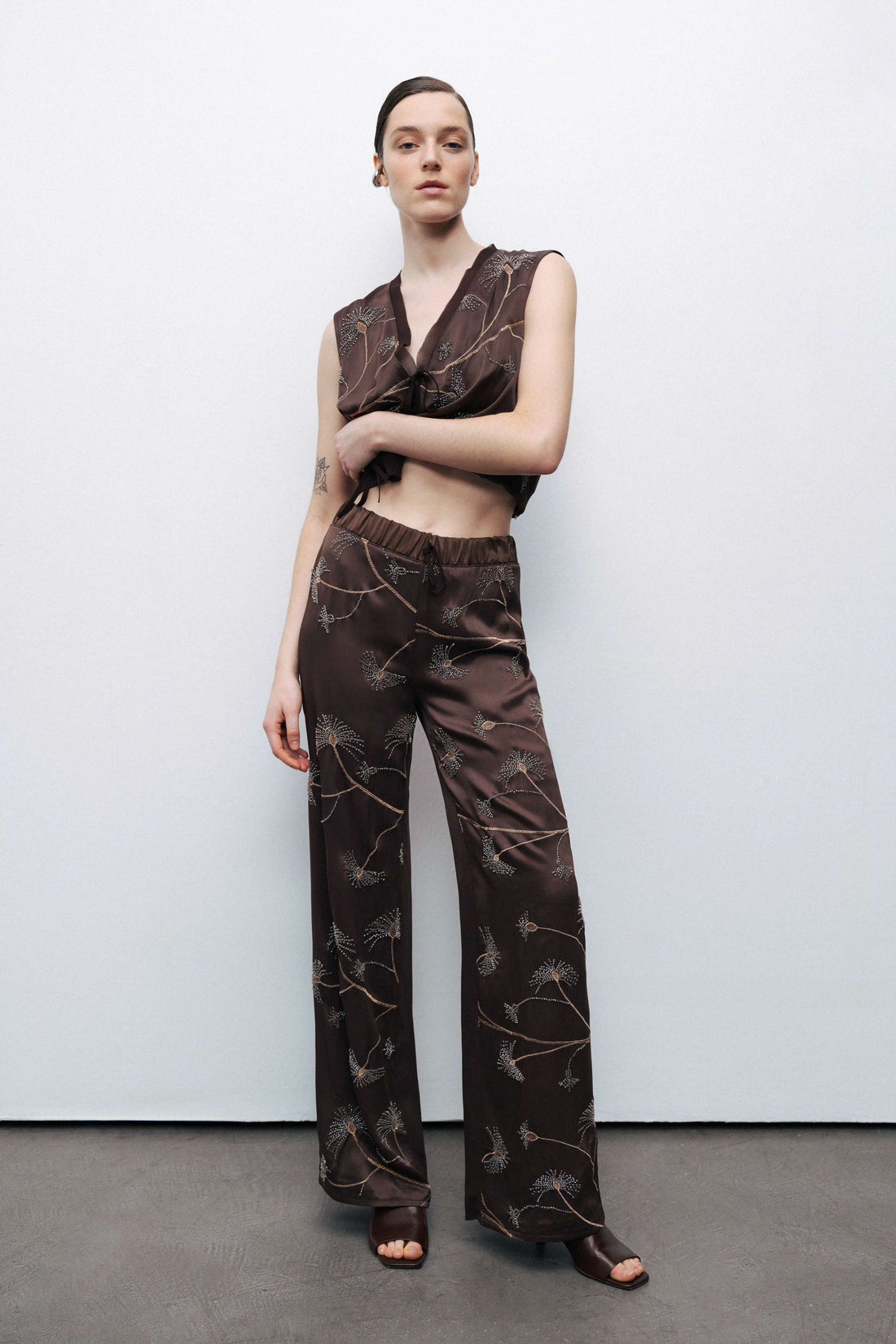 Coffee Beaded Embroidered Pants