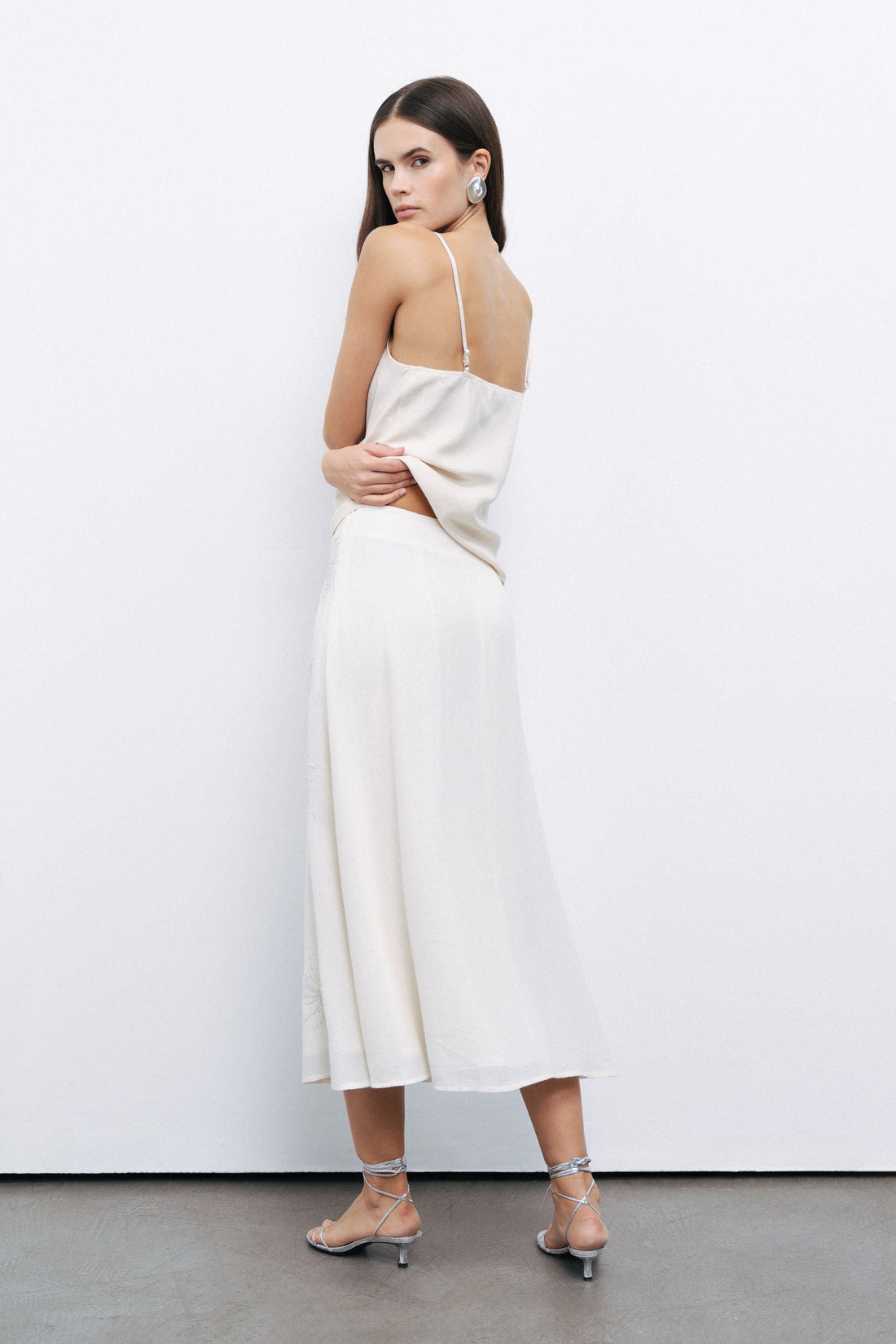 Ecru Beaded Embroidered Midi Skirt