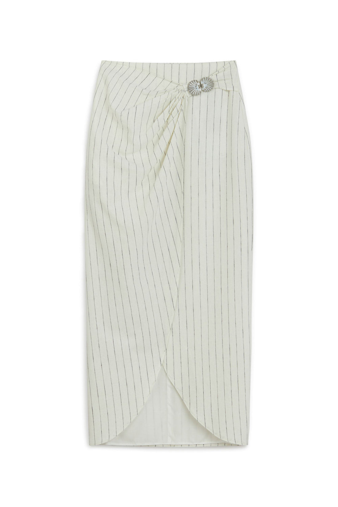 Striped Linen Blend Midi Skirt with Metal Accessories