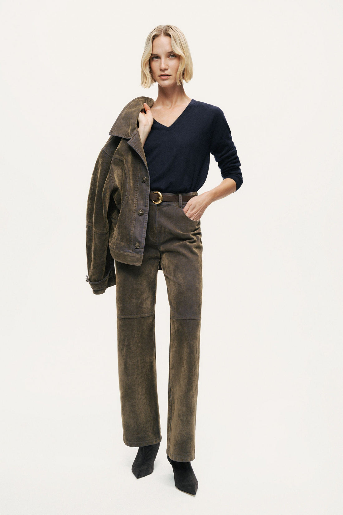 Suede Panel Straight-Leg Pants