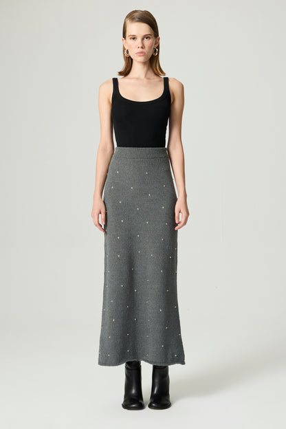 Embellished Ribbed Knit Maxi Skirt