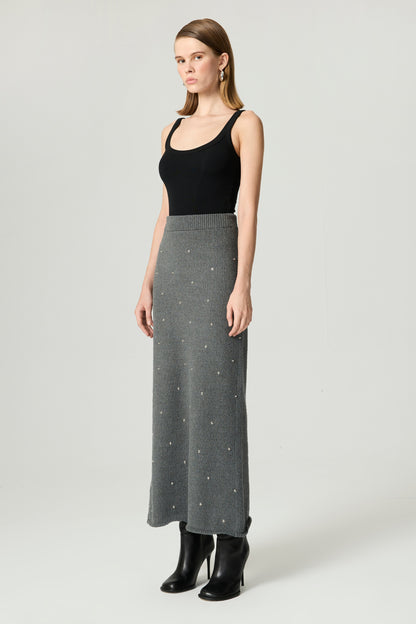 Embellished Ribbed Knit Maxi Skirt