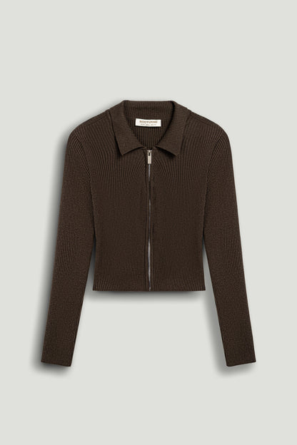 Zip-Front Ribbed Knit Top