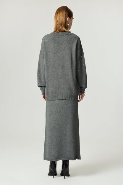 Embellished Ribbed Knit Maxi Skirt