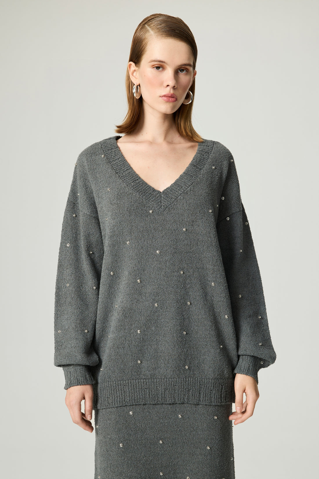 Embellished V-Neck Knit Sweater