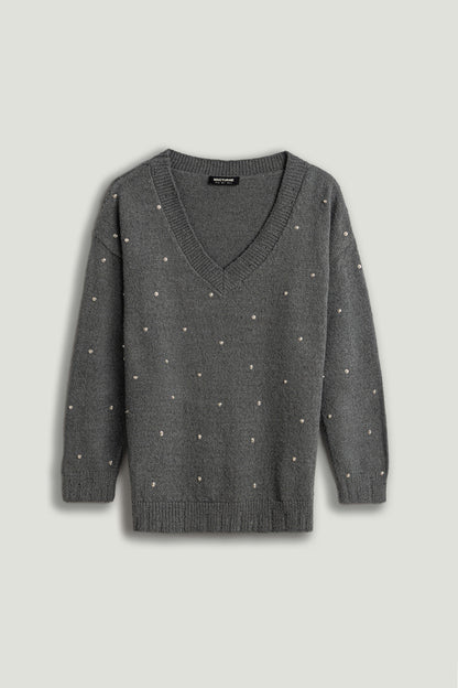 Embellished V-Neck Knit Sweater