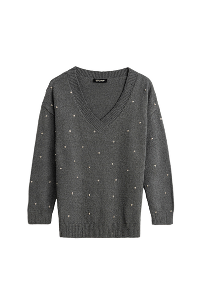 Embellished V-Neck Knit Sweater