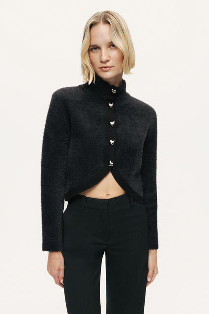 Heart-Button Cutaway Mock-Neck Cardigan