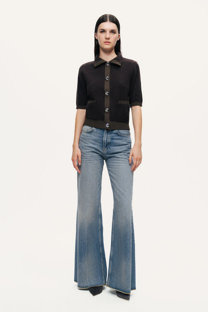 Contrast-Trim Short-Sleeve Cardigan