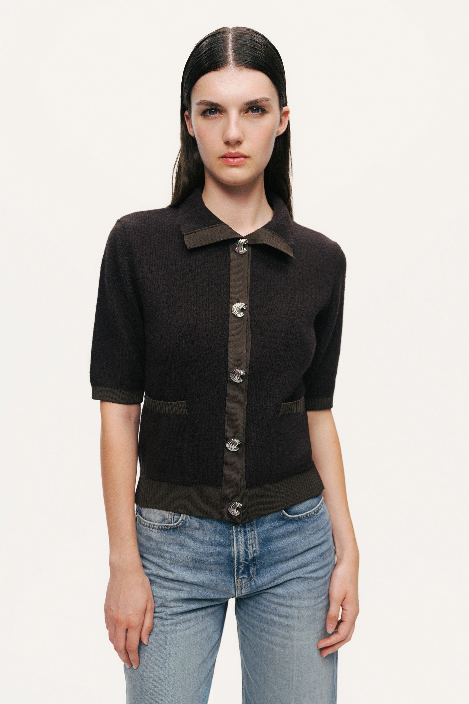 Contrast-Trim Short-Sleeve Cardigan