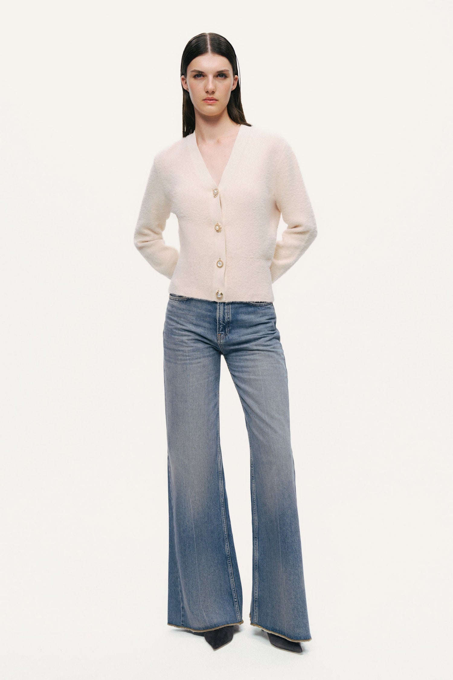 Pearl-Button V-Neck Cardigan