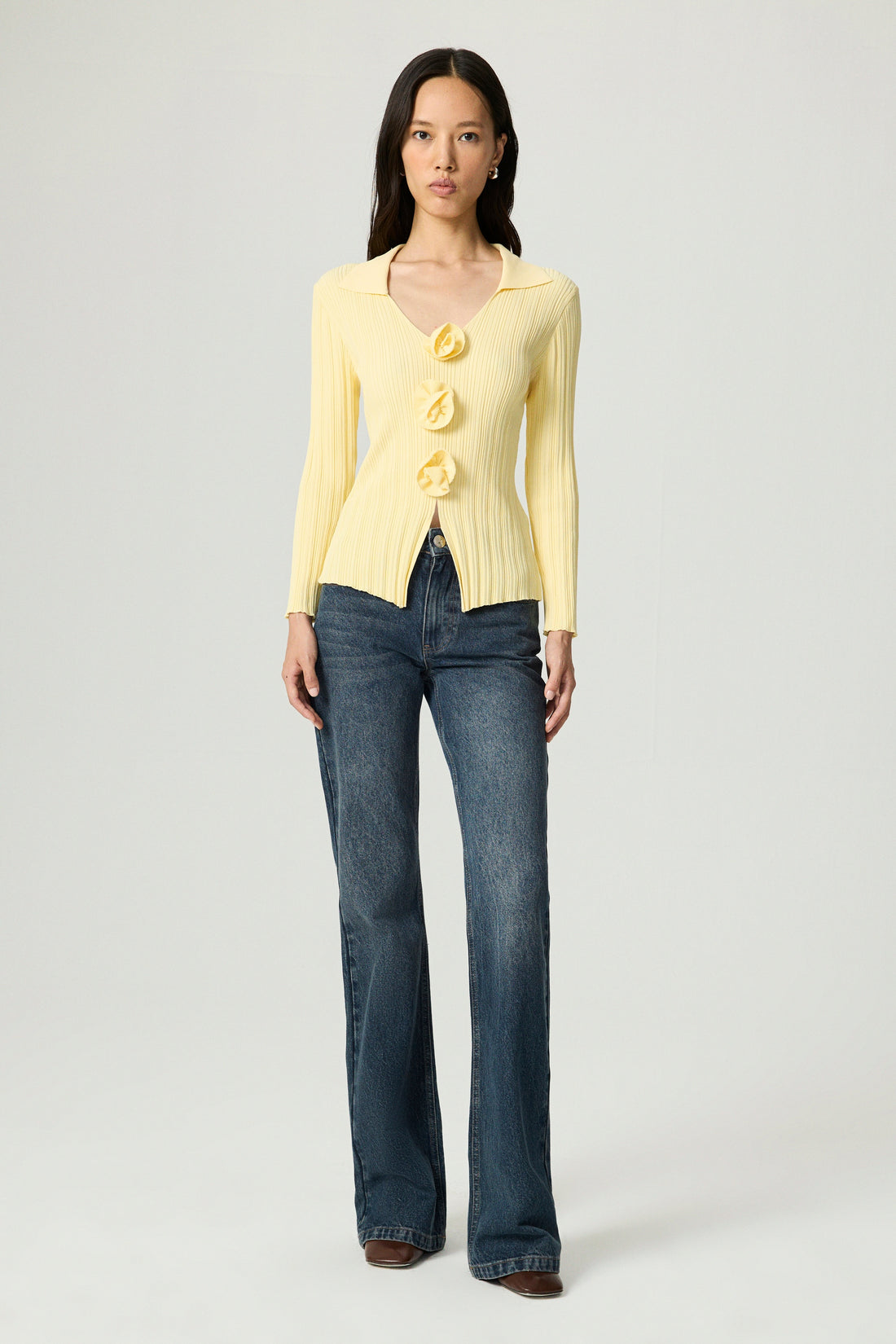 Floral Embellished Ribbed V-Neck Sweater