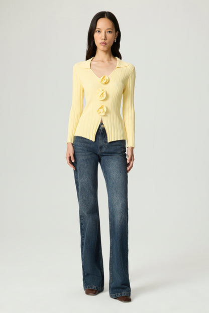 Floral Embellished Ribbed V-Neck Sweater