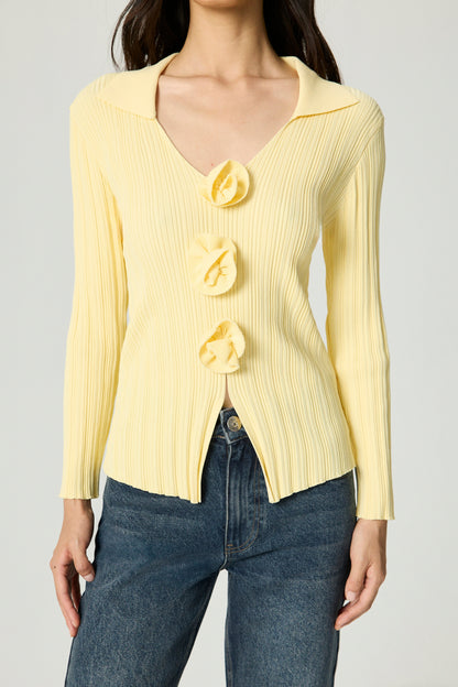 Floral Embellished Ribbed V-Neck Sweater