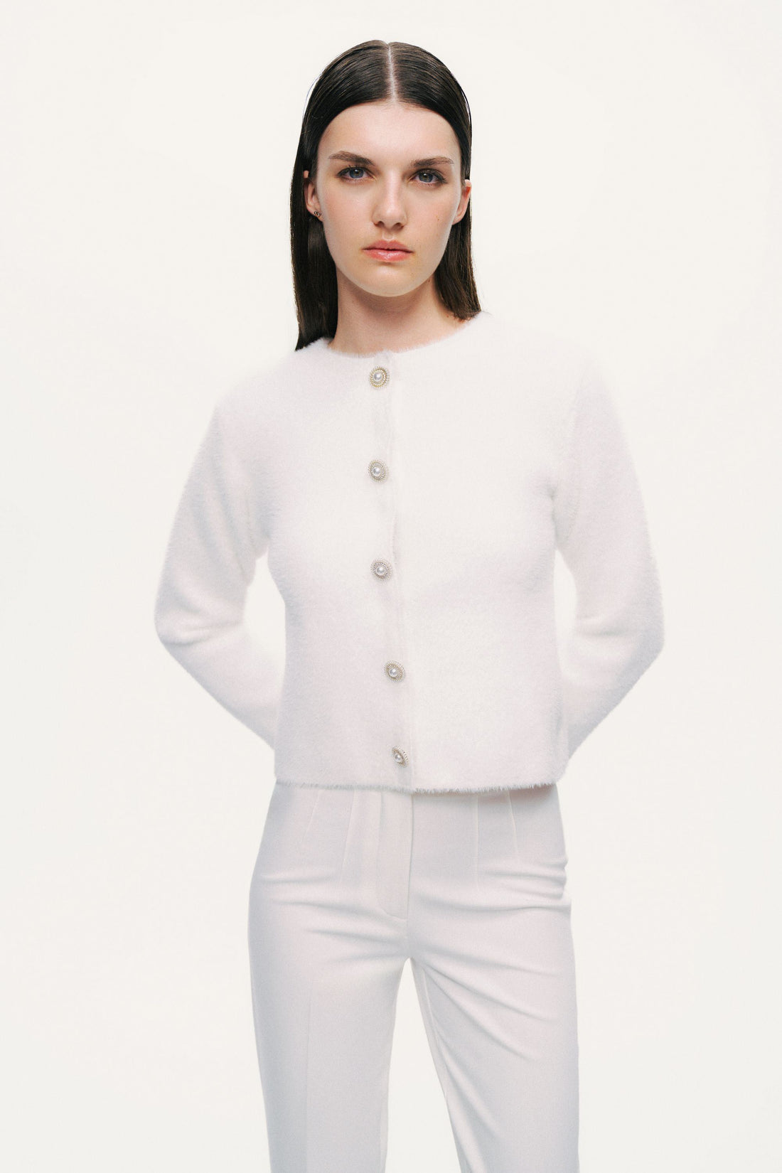 Cropped Pearl-Button Crewneck Cardigan