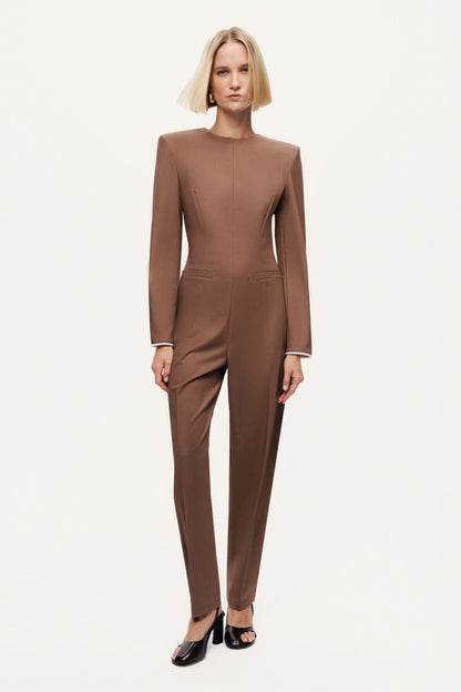 Sculpted-Shoulder Crew-Neck Jumpsuit