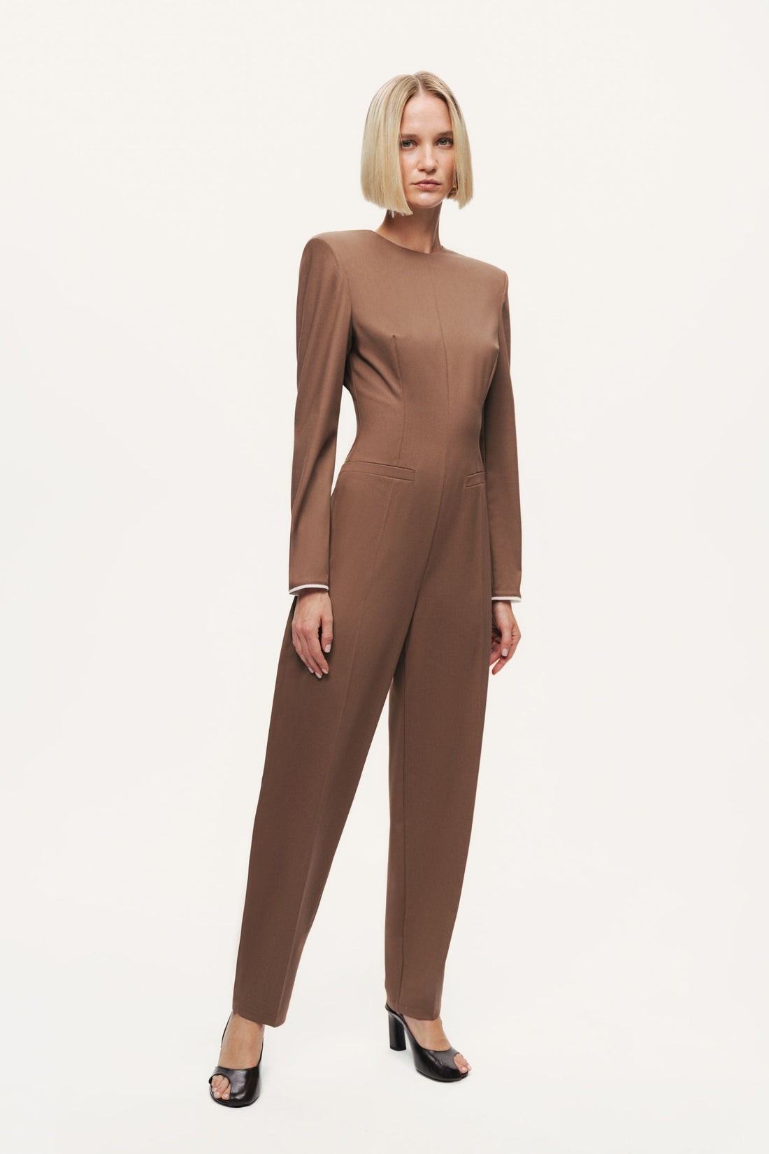 Sculpted-Shoulder Crew-Neck Jumpsuit