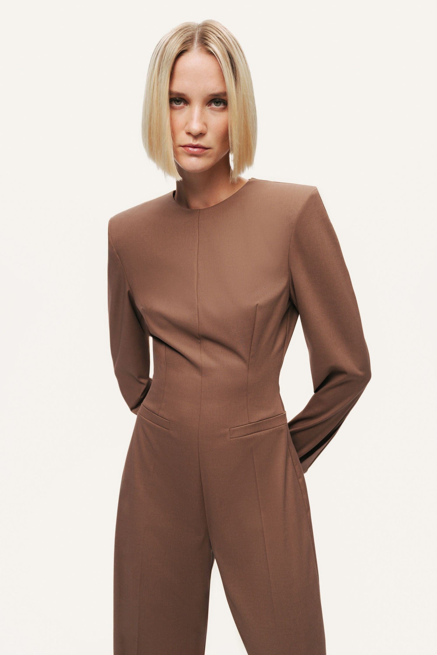 Sculpted-Shoulder Crew-Neck Jumpsuit