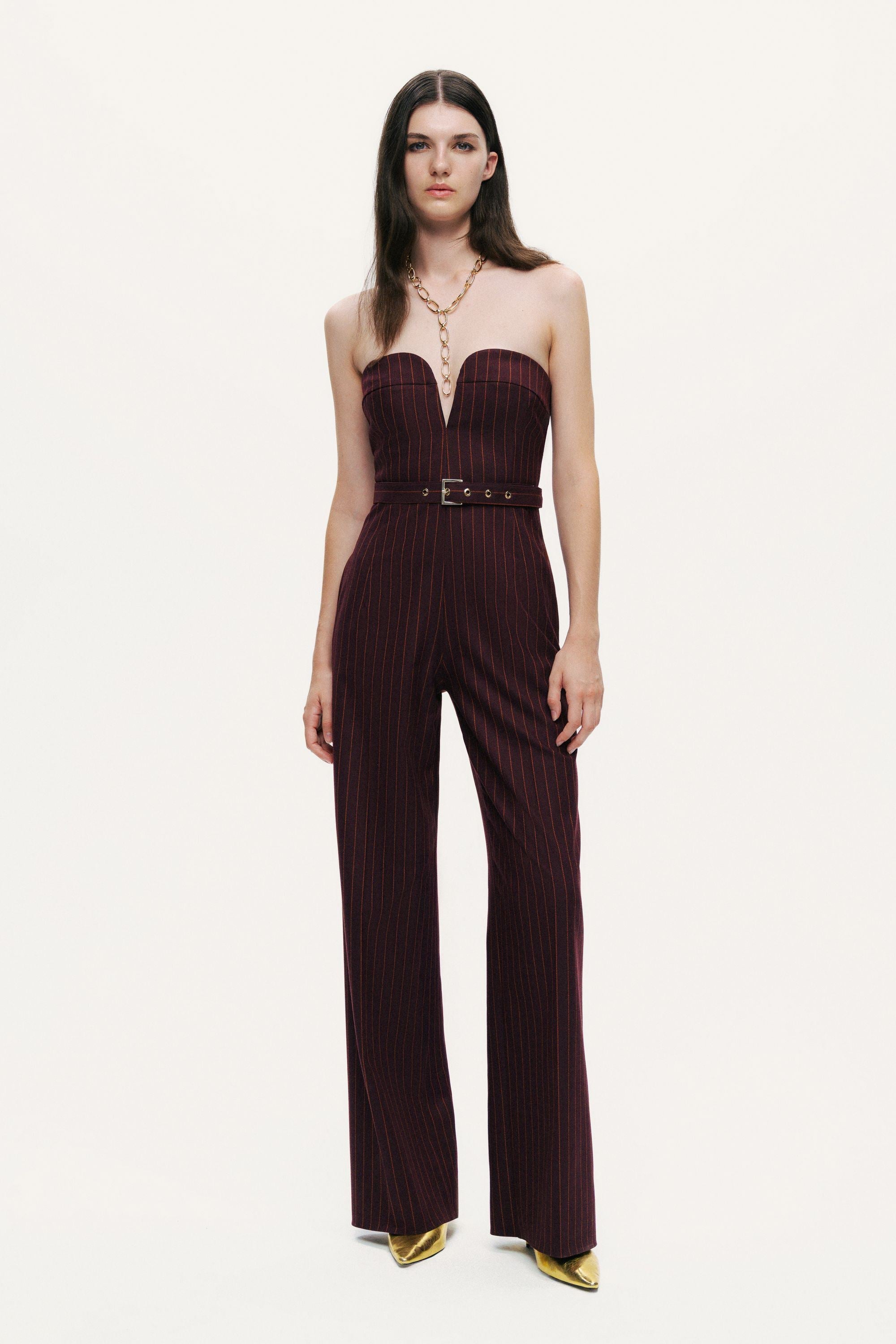 Strapless Pinstripe Belted Jumpsuit