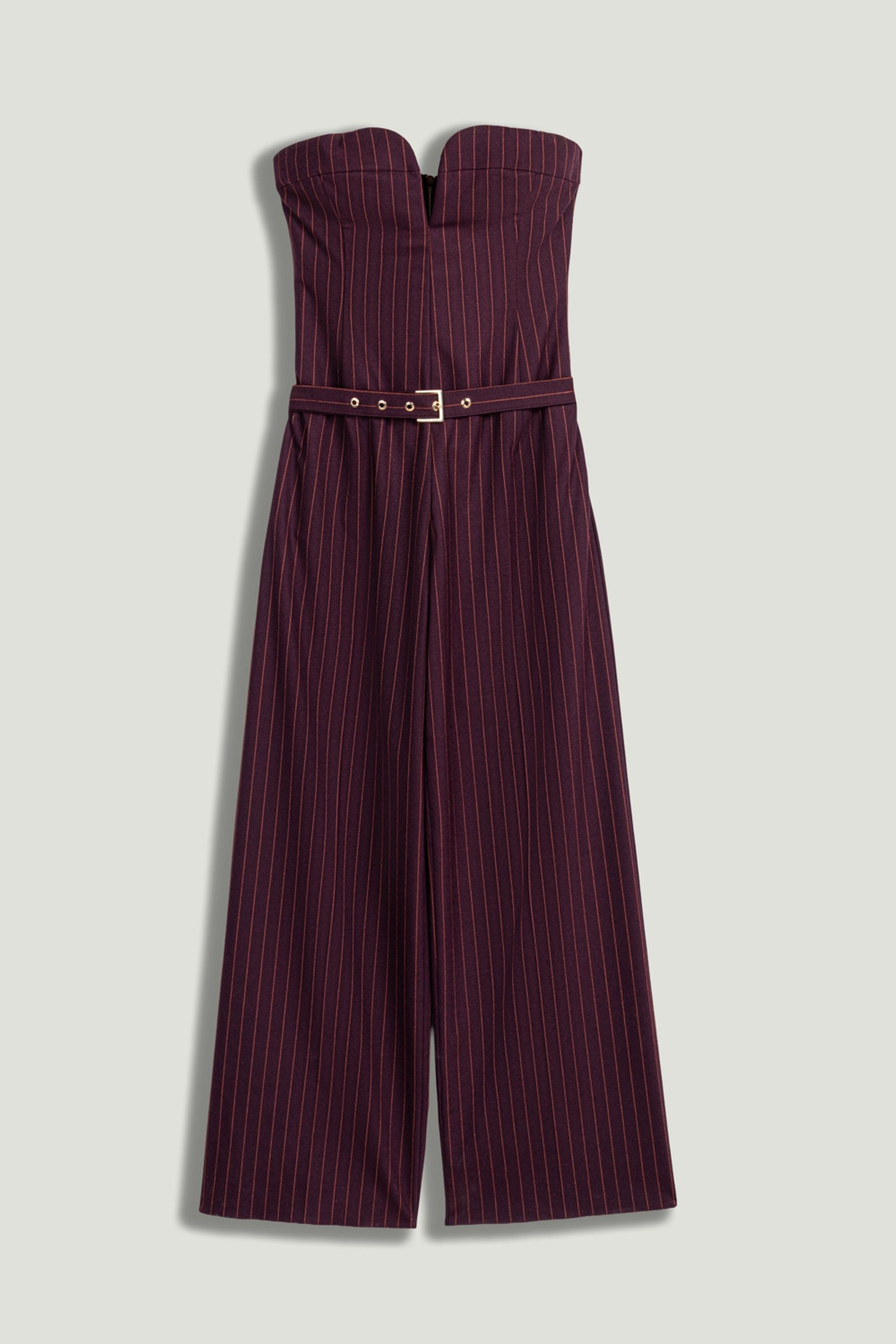 Strapless Pinstripe Belted Jumpsuit