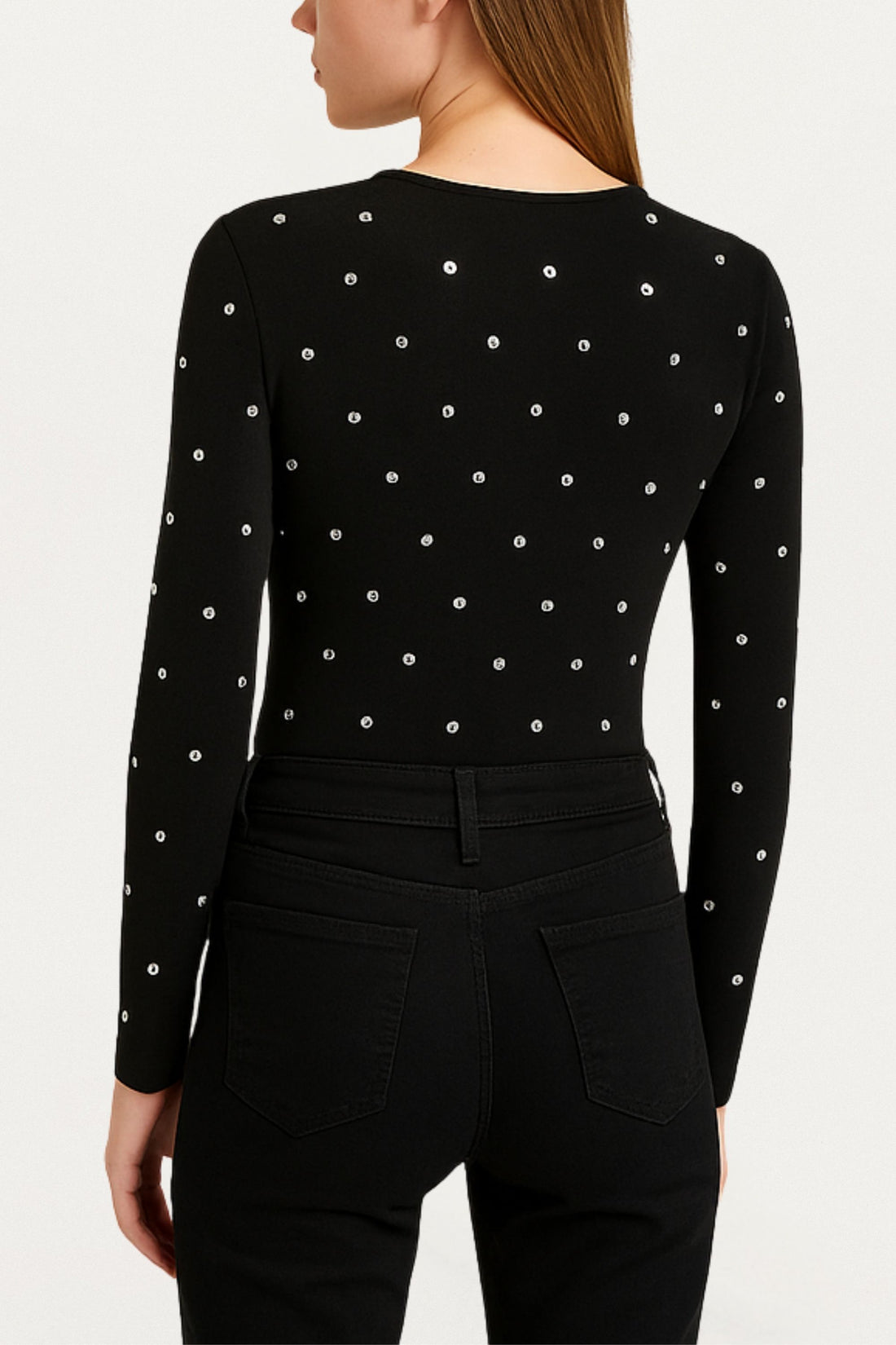 Black Embellished V-Neck Long-Sleeve Bodysuit