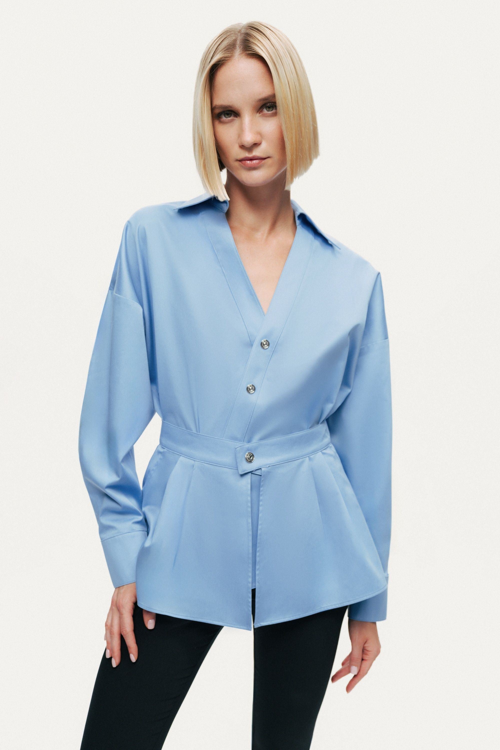 Belted V-Neck Poplin Shirt