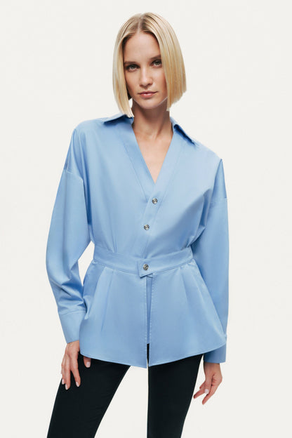 Belted V-Neck Poplin Shirt