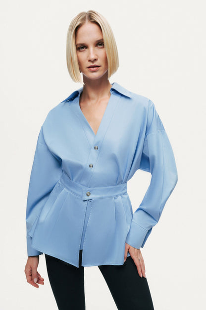 Belted V-Neck Poplin Shirt