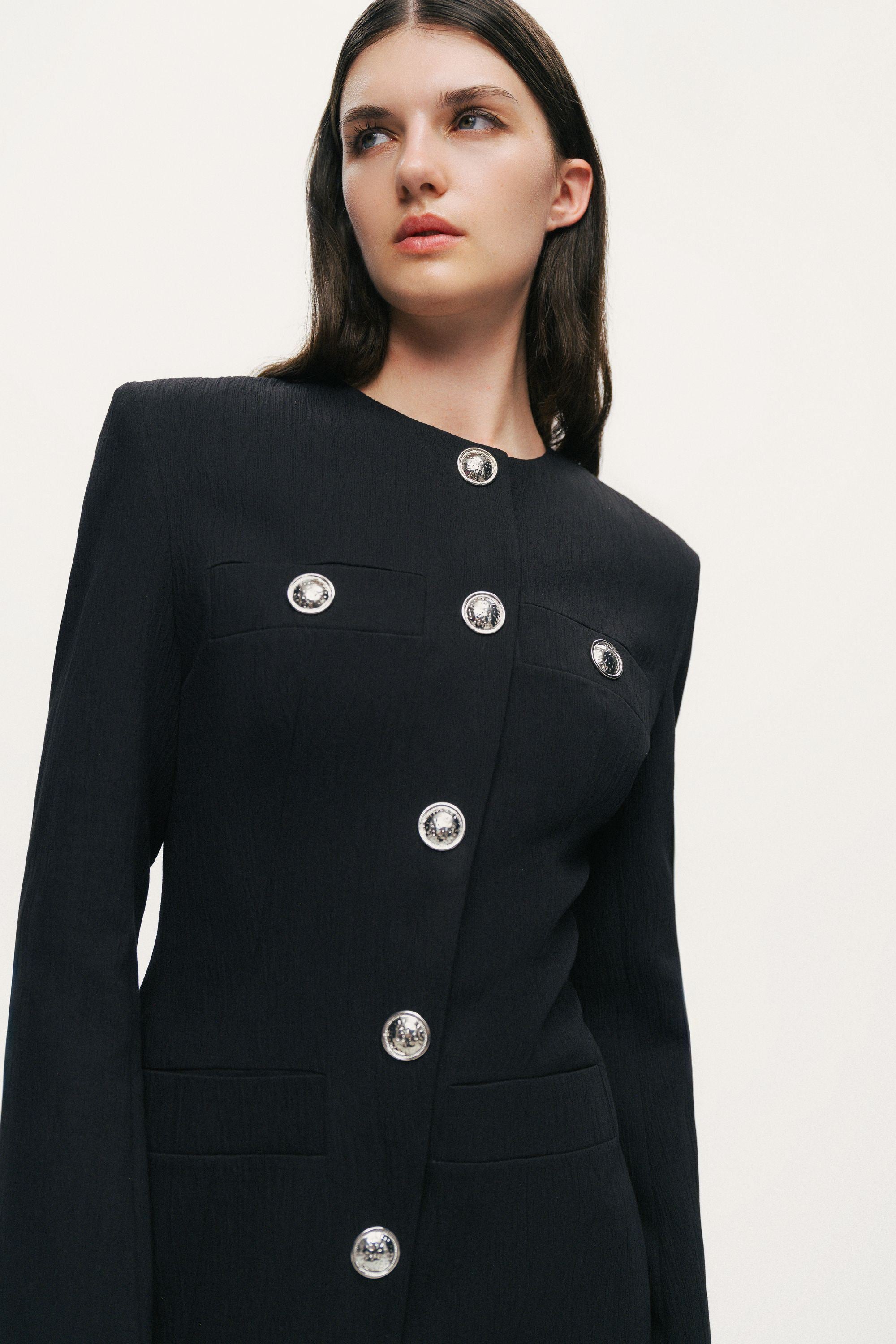 Black Padded Shoulder Mini Dress